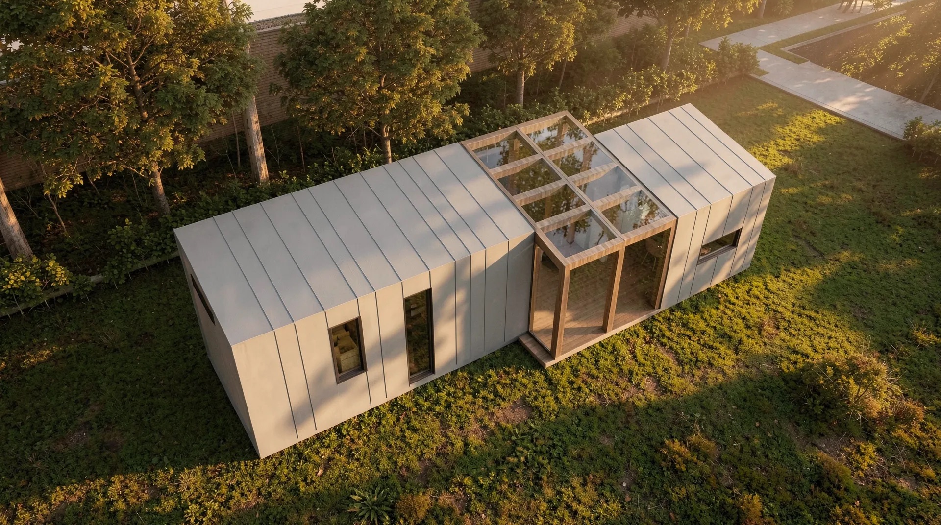 Aerial view of a K2MODUL modular home with a glass atrium